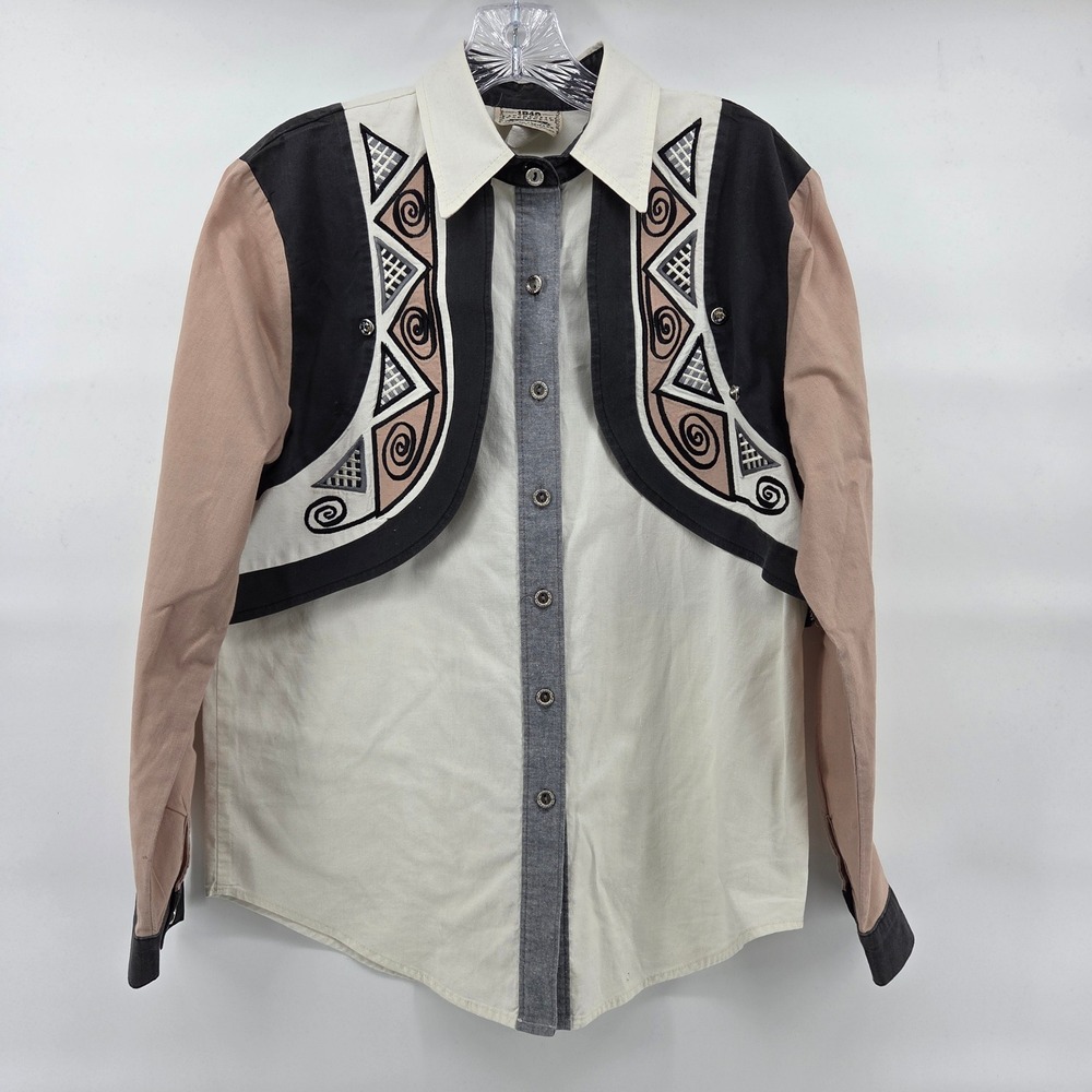 1849 Authentic Ranchwear Western Shirt Medium‎ Tan Black Geometric Retro